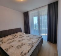 Bedroom in a 2-room apartment with a bed and a wooden decor floor.