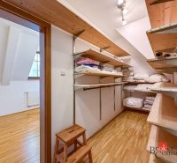 A wardrobe with shelves in a 5 or more room apartment, floor with wood decor.