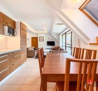 Dining table and kitchen in a 5 or more room apartment with a wood decor.