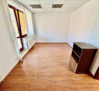 Offices with wood-patterned flooring, illuminated by a large window, and storage space.