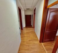 Offices with wood-patterned flooring and multiple wooden doors.