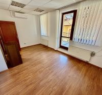 Interior of an office with wood-patterned flooring and vertical blinds.