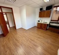 An office interior with wood-patterned flooring and a kitchenette.