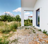 The garden of a family house on Karasova Street in Senec with a rocky surface and green vegetation.