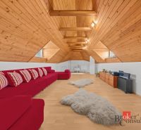 The attic of the cottage with a red sofa, wooden paneling, and a floor with a wooden decor.