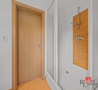 A bathroom with orange tiles and a shower in a cottage.