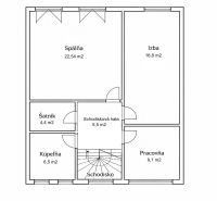 Floor plan of a family house with a bedroom, rooms, bathroom, and wardrobe.