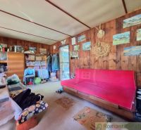 The interior of a cabin with wooden decor, a sofa, and decorations on the walls.