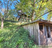 A cottage in Kamenica nad Hronom surrounded by greenery and trees, a wooden structure in the foreground.