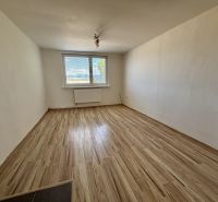A room in a three-room apartment with a wood-patterned floor and a large window.