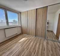 A room with a wooden decor floor and a built-in wardrobe in a 3-room apartment.