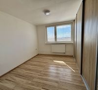 A room with a wooden decor floor and a built-in wardrobe in a 3-room apartment.