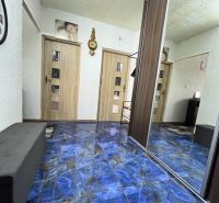 A hallway in a 2-room apartment with a blue floor and a sliding wardrobe.