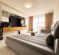 Living room in a two-room apartment with a large sofa and a TV on the wall.