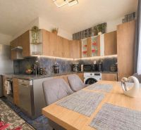 Kitchen in a 2-room apartment with furnishings, wooden decor, and modern lighting.