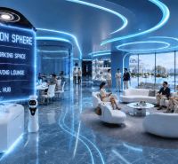 Futuristic recreational apartment with views through glass walls, sleek lighting, and a robot.