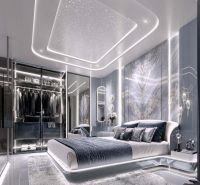 Recreational apartment with a luxury bedroom, light decoration, and wardrobe.
