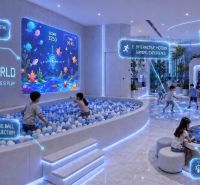 Interactive gaming center of a recreational apartment with projection and digital games.