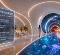 Futuristic interior in a recreational apartment with digital projections and a floor with wooden decor.