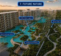 Visualization of a recreational apartment in Pattaya with a water lagoon and abundant greenery.