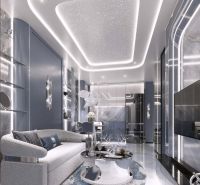 A recreational apartment with glossy surfaces, LED lighting, and a comfortable sofa.