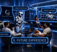 Robotic bar and lounge with modern interior, technological future in the Recreational Apartment.