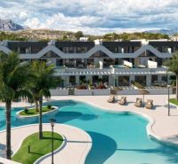 Residential building in Costa Blanca with a pool and palm trees, suitable for a 3-bedroom apartment.