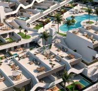 Residential complex in Costa Blanca with pools, terraces, and palm trees, suitable for 3-bedroom apartments.