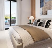 Bedroom of a 3-room apartment with a bed, decorative pillows, and a terrace.