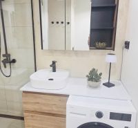 A bathroom in a 3-room apartment with a washing machine, mirror, and shower.