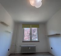 A room in a 3-room apartment with a wooden decor floor, light, and shelves.
