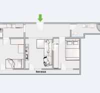 Floor plan of a 3-room apartment with a terrace, kitchen, and bathroom.