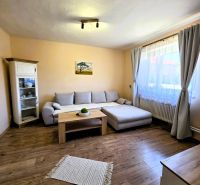 Living room in a family house with a sofa and wooden decor flooring.