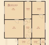 The floor plan of the family house in Slanská Huta shows rooms, a kitchen, a bathroom, and hallways.