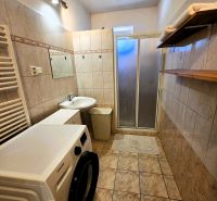A bathroom with a washing machine in a family house, with tiles and a shower corner.