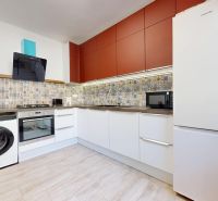A kitchen in a 2-room apartment with equipment, patterned tiles, and a wooden decor floor.