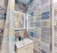 A bathroom with colorful tiles in a 2-room apartment offers an original design.