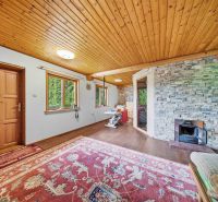 Recreational apartment with tiled stove, wood-patterned flooring, and an oriental rug.