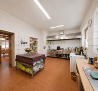 Kitchen in a Holiday Apartment with kitchen equipment, flowers on the table, and appliances.