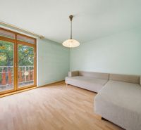 Bright interior of a holiday apartment with a sofa and wood-decorated flooring.