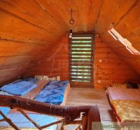 An attic room in a family house with wooden paneling and two beds.
