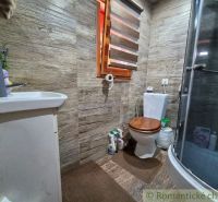 A bathroom in a family house with a toilet, a shower, and decor reminiscent of wood.