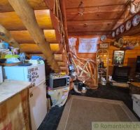 A wooden interior of a family house with rustic elements, wooden stairs, and a kitchen.