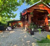 A log family house in Lehota with a terrace and swings surrounded by a garden.