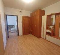 A hallway with a wooden decor floor and furniture in a 3-room apartment.