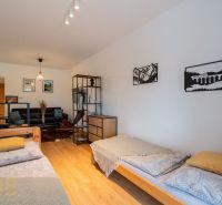 Interior of a 2-room apartment with a wooden decor floor, beds, sofa, and decorations.