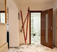 Interior of a 2-room apartment with ski poles by the door and a bathroom in the background.