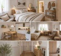 Design interiors of a family house with wood-patterned flooring and neutral colors.