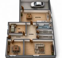 Floor plan of a family house with a garage, living room, kitchen, and other rooms.