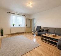 Living room in a family house with a wood-patterned floor and comfortable seating.